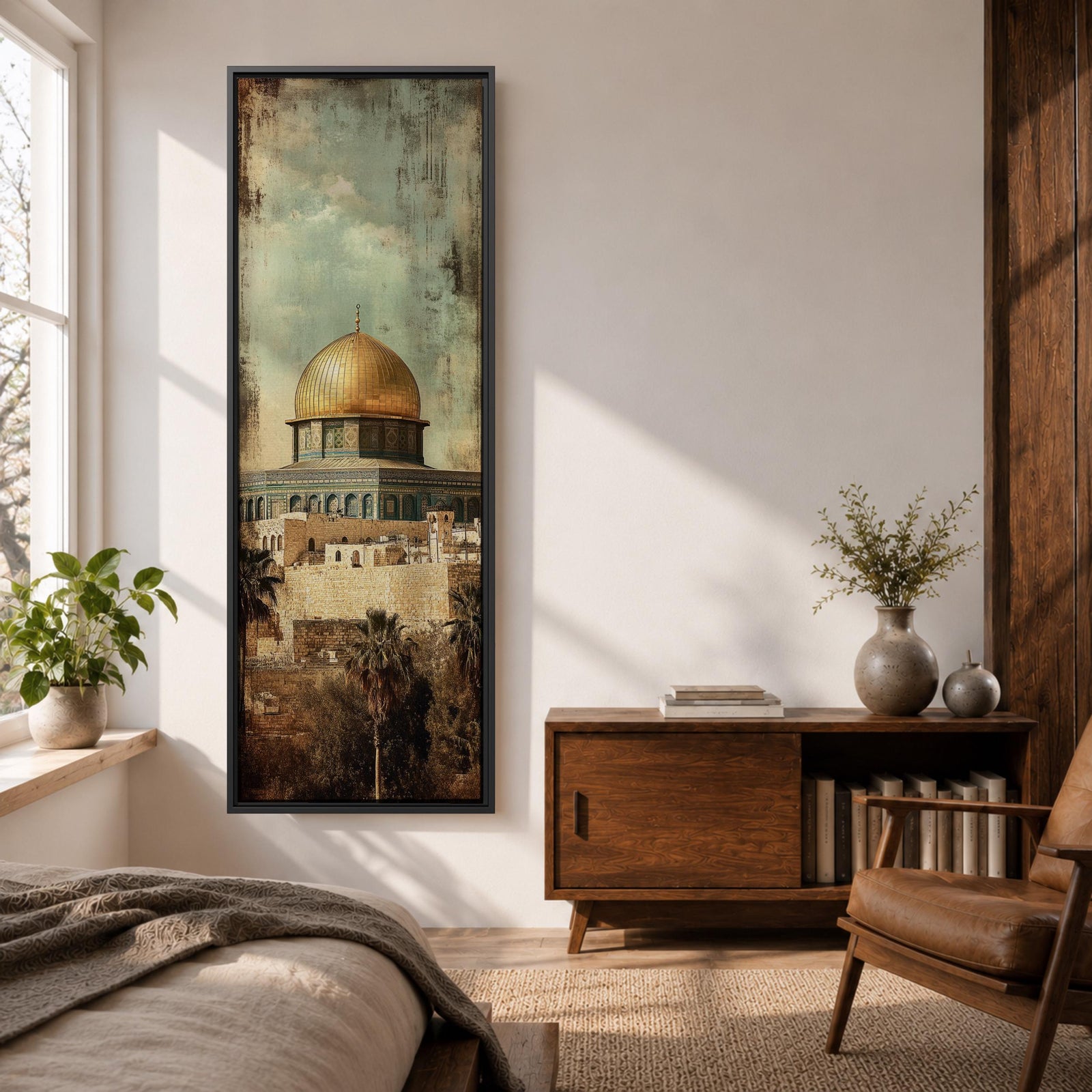 Tall vertical painting of the Dome of the Rock in Jerusalem featuring the iconic golden dome rising above historic stone walls and palm trees. The mosque structure sits beneath a muted sky with textured vintage style brushwork highlighting the architecture and warm golden tones of the dome.
