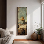 Tall vertical painting of the Dome of the Rock in Jerusalem featuring the iconic golden dome rising above historic stone walls and palm trees. The mosque structure sits beneath a muted sky with textured vintage style brushwork highlighting the architecture and warm golden tones of the dome.