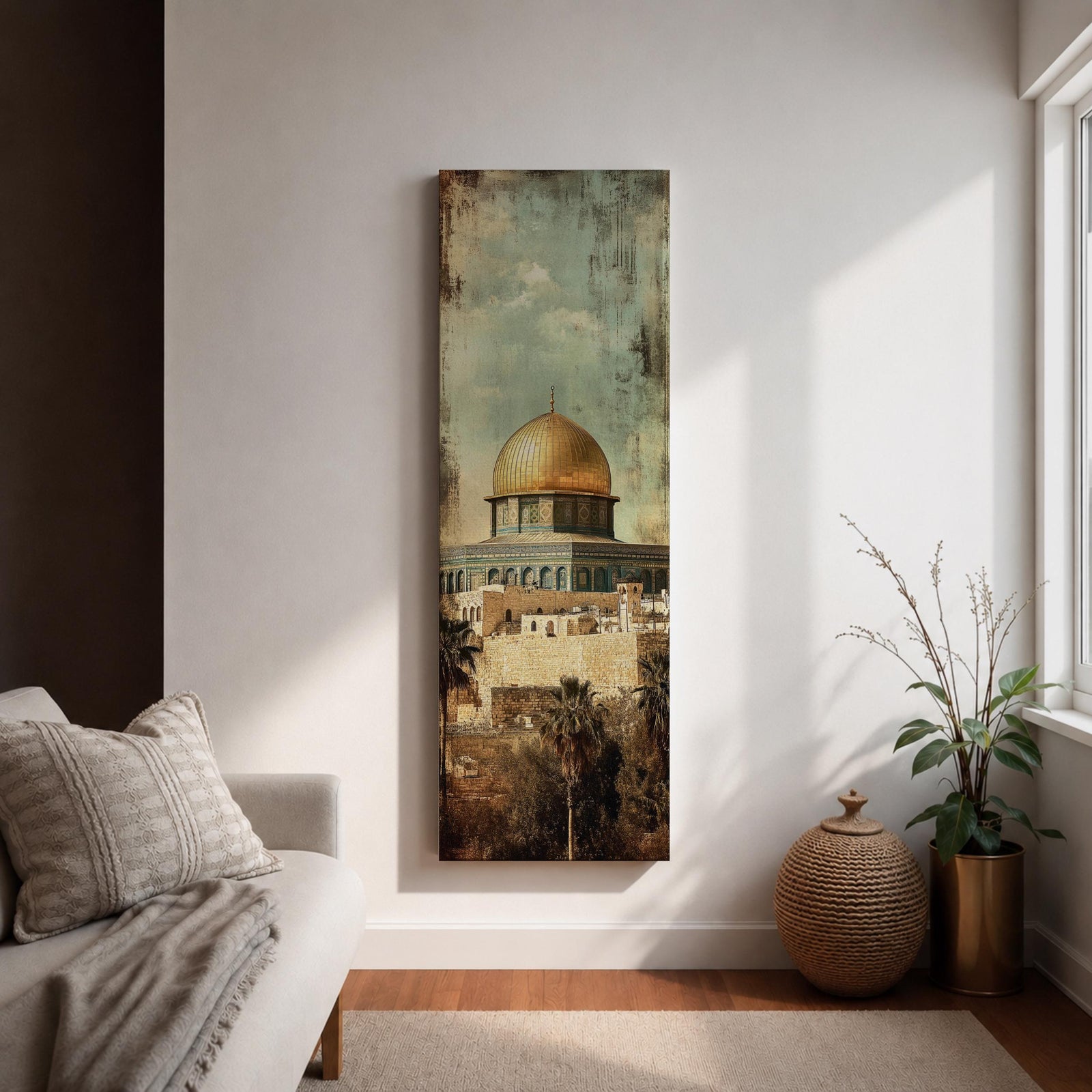 Tall vertical painting of the Dome of the Rock in Jerusalem featuring the iconic golden dome rising above historic stone walls and palm trees. The mosque structure sits beneath a muted sky with textured vintage style brushwork highlighting the architecture and warm golden tones of the dome.