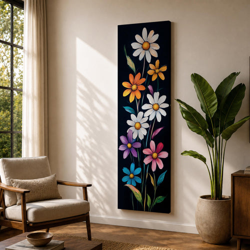 Tall vertical floral artwork featuring colorful daisy flowers in white, orange, purple, pink, and blue rising along slender green stems against a deep black background. The composition highlights bright petals and yellow centers with smooth painterly details and vibrant botanical contrast.