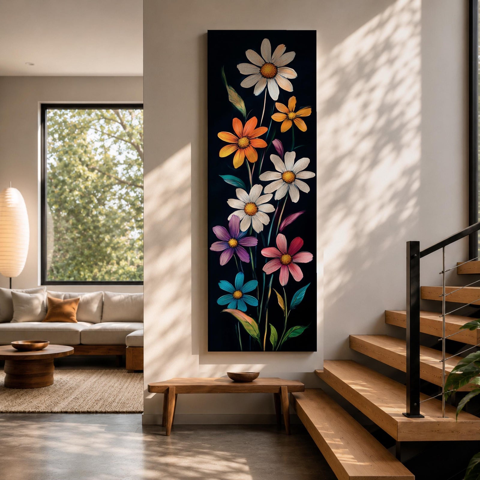 Tall vertical floral artwork featuring colorful daisy flowers in white, orange, purple, pink, and blue rising along slender green stems against a deep black background. The composition highlights bright petals and yellow centers with smooth painterly details and vibrant botanical contrast.