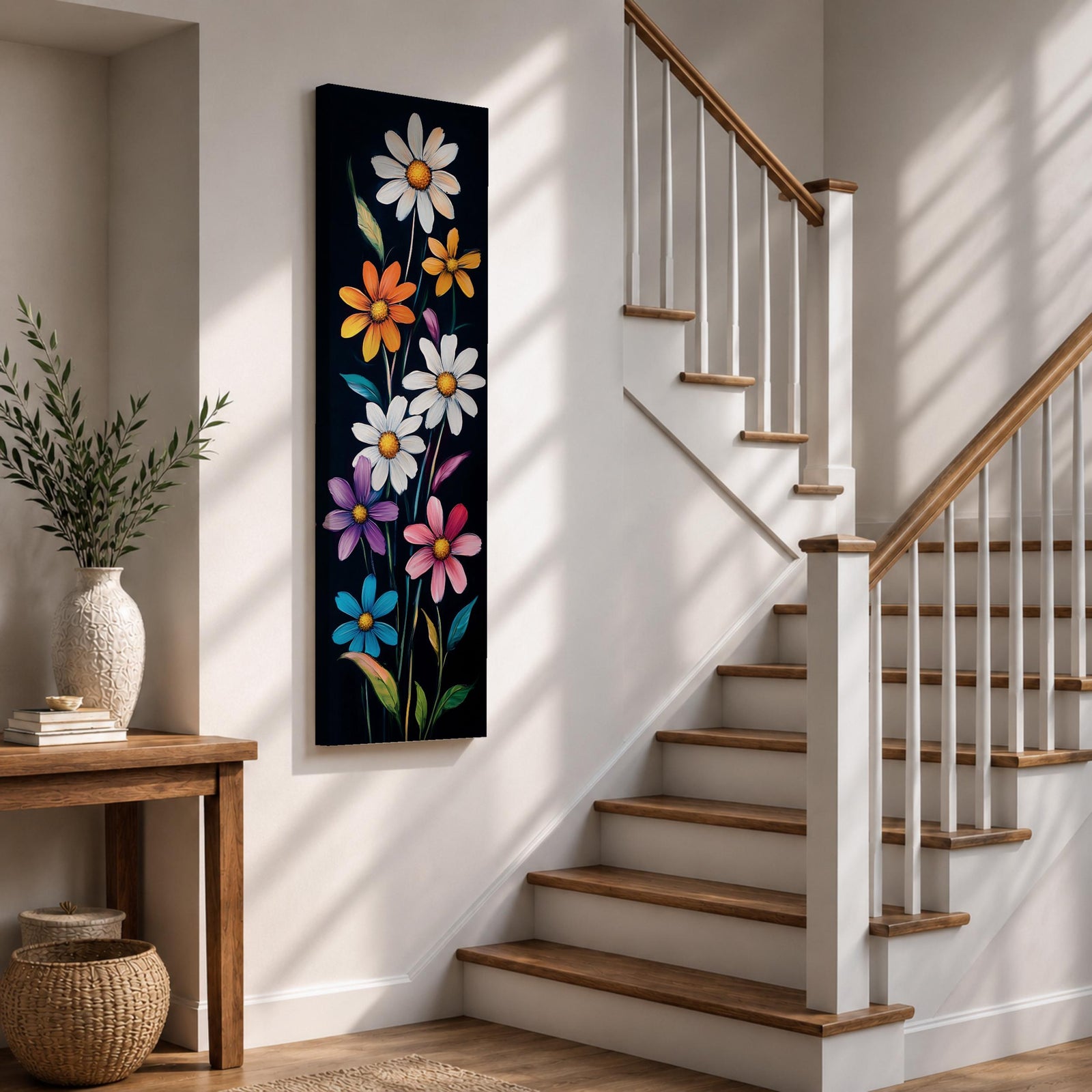 Tall vertical floral artwork featuring colorful daisy flowers in white, orange, purple, pink, and blue rising along slender green stems against a deep black background. The composition highlights bright petals and yellow centers with smooth painterly details and vibrant botanical contrast.