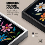 Tall vertical floral artwork featuring colorful daisy flowers in white, orange, purple, pink, and blue rising along slender green stems against a deep black background. The composition highlights bright petals and yellow centers with smooth painterly details and vibrant botanical contrast.