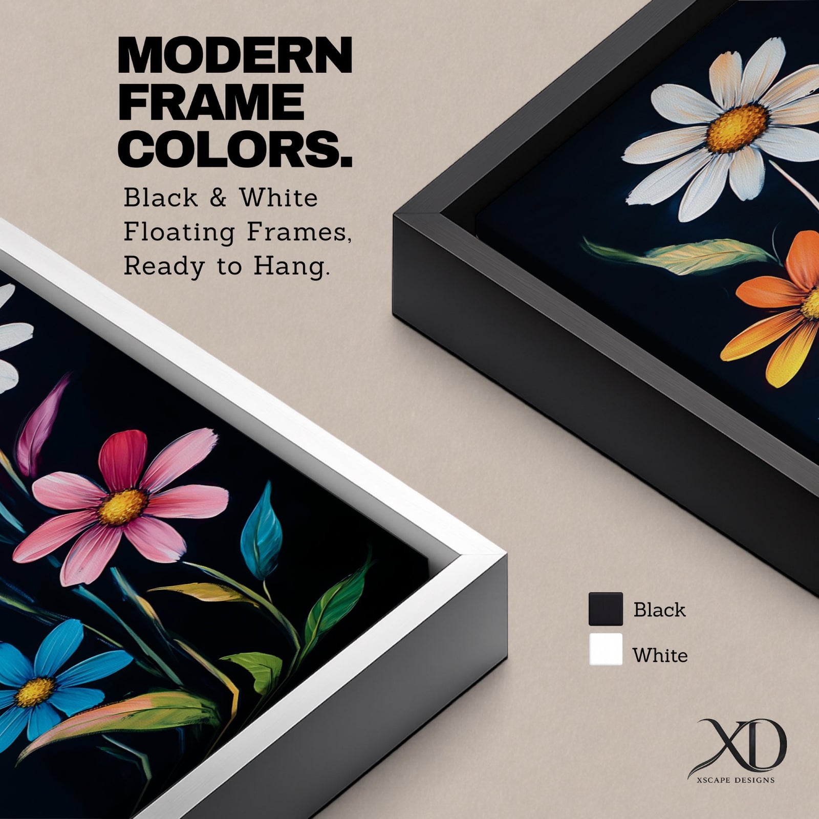 Tall vertical floral artwork featuring colorful daisy flowers in white, orange, purple, pink, and blue rising along slender green stems against a deep black background. The composition highlights bright petals and yellow centers with smooth painterly details and vibrant botanical contrast.