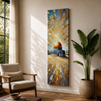 Tall vertical painting of the Dome of the Rock featuring the iconic golden dome rising above the historic stone courtyard and blue tiled base. Dramatic golden light radiates across the sky while textured impasto brushstrokes create reflective patterns across the stone plaza.