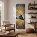 Tall vertical painting of the Dome of the Rock featuring the iconic golden dome rising above the historic stone courtyard and blue tiled base. Dramatic golden light radiates across the sky while textured impasto brushstrokes create reflective patterns across the stone plaza.