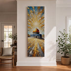 Tall vertical painting of the Dome of the Rock featuring the iconic golden dome rising above the historic stone courtyard and blue tiled base. Dramatic golden light radiates across the sky while textured impasto brushstrokes create reflective patterns across the stone plaza.