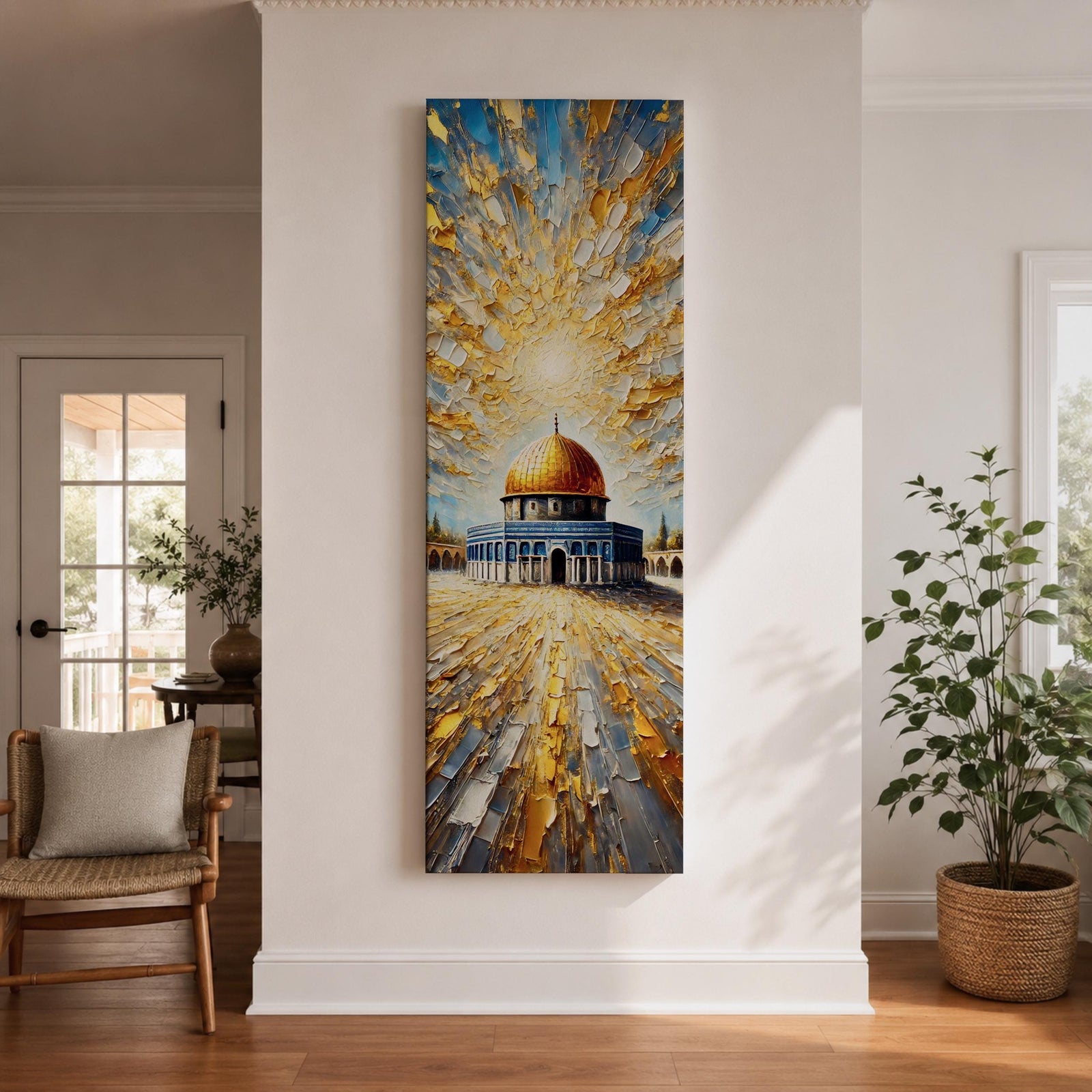 Tall vertical painting of the Dome of the Rock featuring the iconic golden dome rising above the historic stone courtyard and blue tiled base. Dramatic golden light radiates across the sky while textured impasto brushstrokes create reflective patterns across the stone plaza.
