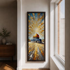 Tall vertical painting of the Dome of the Rock featuring the iconic golden dome rising above the historic stone courtyard and blue tiled base. Dramatic golden light radiates across the sky while textured impasto brushstrokes create reflective patterns across the stone plaza.