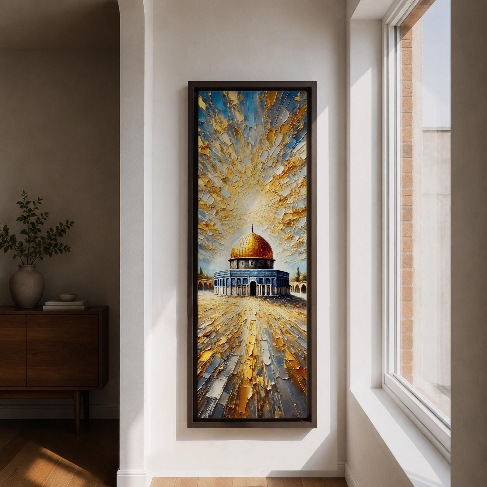 Tall vertical painting of the Dome of the Rock featuring the iconic golden dome rising above the historic stone courtyard and blue tiled base. Dramatic golden light radiates across the sky while textured impasto brushstrokes create reflective patterns across the stone plaza.