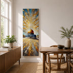 Tall vertical painting of the Dome of the Rock featuring the iconic golden dome rising above the historic stone courtyard and blue tiled base. Dramatic golden light radiates across the sky while textured impasto brushstrokes create reflective patterns across the stone plaza.
