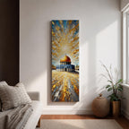 Tall vertical painting of the Dome of the Rock featuring the iconic golden dome rising above the historic stone courtyard and blue tiled base. Dramatic golden light radiates across the sky while textured impasto brushstrokes create reflective patterns across the stone plaza.