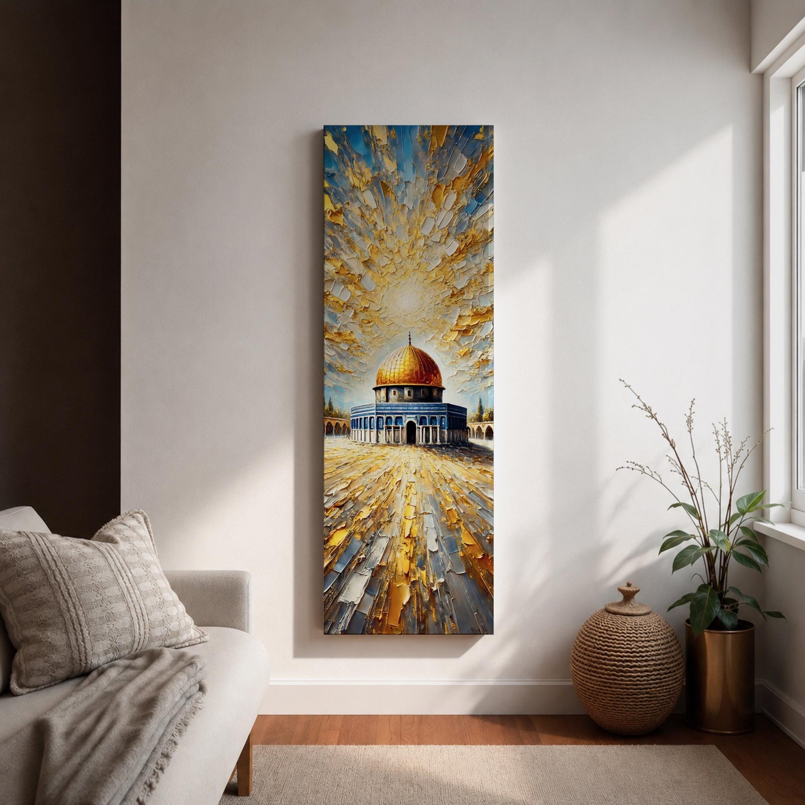 Tall vertical painting of the Dome of the Rock featuring the iconic golden dome rising above the historic stone courtyard and blue tiled base. Dramatic golden light radiates across the sky while textured impasto brushstrokes create reflective patterns across the stone plaza.