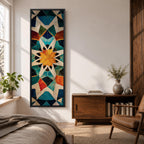 Tall vertical geometric artwork featuring an Islamic mosaic pattern with an eight pointed star at the center. Interlocking shapes in teal, blue, white, orange, and gold form symmetrical Moorish tile motifs with a decorative arabesque structure inspired by traditional Islamic architecture.