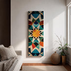 Tall vertical geometric artwork featuring an Islamic mosaic pattern with an eight pointed star at the center. Interlocking shapes in teal, blue, white, orange, and gold form symmetrical Moorish tile motifs with a decorative arabesque structure inspired by traditional Islamic architecture.