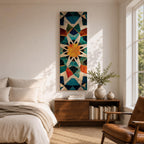 Tall vertical geometric artwork featuring an Islamic mosaic pattern with an eight pointed star at the center. Interlocking shapes in teal, blue, white, orange, and gold form symmetrical Moorish tile motifs with a decorative arabesque structure inspired by traditional Islamic architecture.