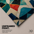 Tall vertical geometric artwork featuring an Islamic mosaic pattern with an eight pointed star at the center. Interlocking shapes in teal, blue, white, orange, and gold form symmetrical Moorish tile motifs with a decorative arabesque structure inspired by traditional Islamic architecture.