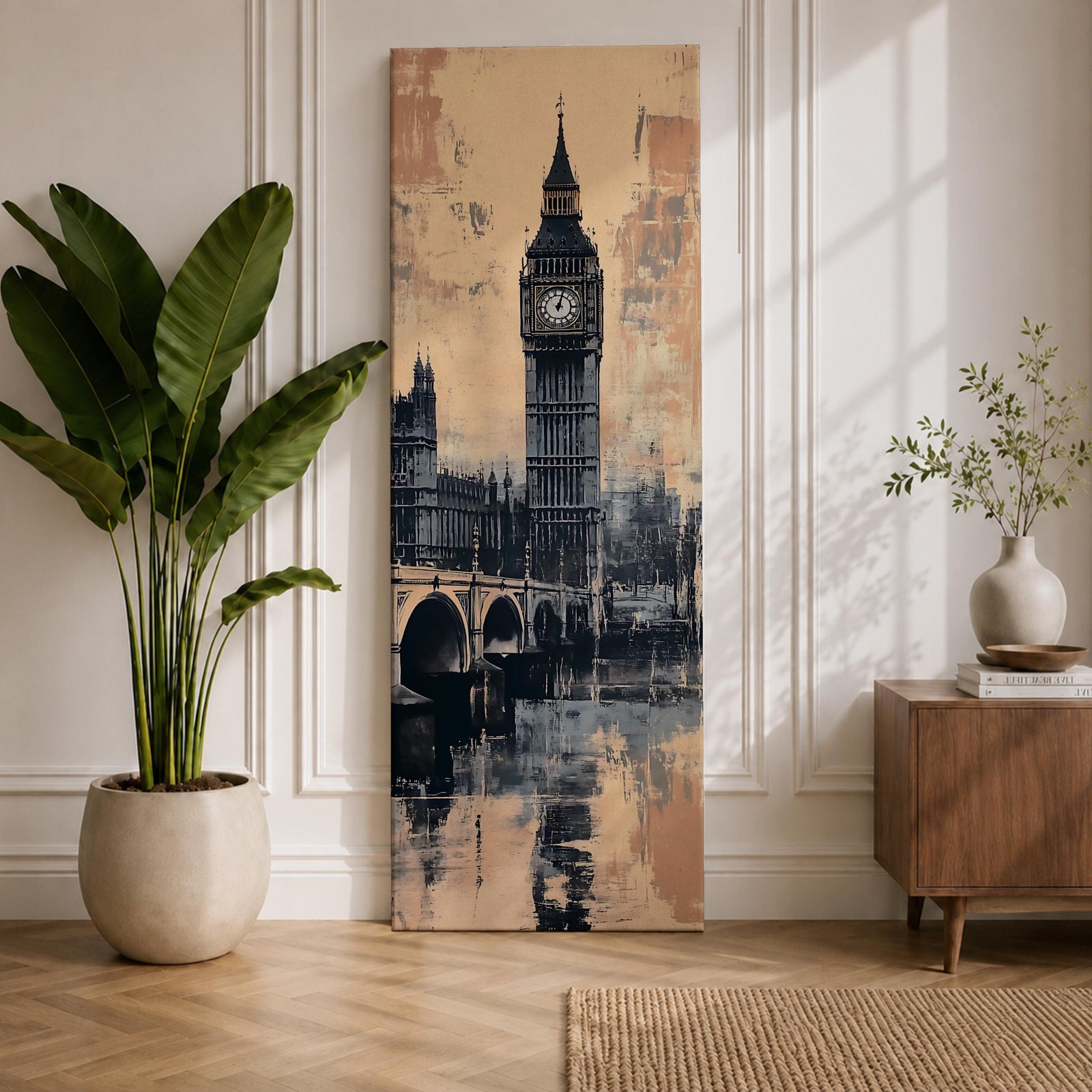 Tall vertical cityscape painting featuring Big Ben and the Elizabeth Tower rising above Westminster Bridge in London. The clock tower reflects across the River Thames with historic buildings in the background, rendered in textured sepia and blue watercolor tones with a vintage city atmosphere.