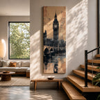 Tall vertical cityscape painting featuring Big Ben and the Elizabeth Tower rising above Westminster Bridge in London. The clock tower reflects across the River Thames with historic buildings in the background, rendered in textured sepia and blue watercolor tones with a vintage city atmosphere.