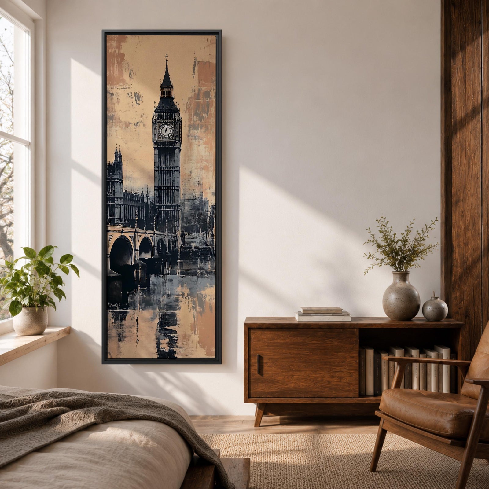 Tall vertical cityscape painting featuring Big Ben and the Elizabeth Tower rising above Westminster Bridge in London. The clock tower reflects across the River Thames with historic buildings in the background, rendered in textured sepia and blue watercolor tones with a vintage city atmosphere.