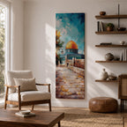 Tall vertical painting of the Dome of the Rock in Jerusalem featuring the iconic golden dome rising above stone pathways and historic walls. The mosque stands beneath a bright blue sky with textured oil brushstrokes capturing warm sunlight across the courtyard and architectural details.