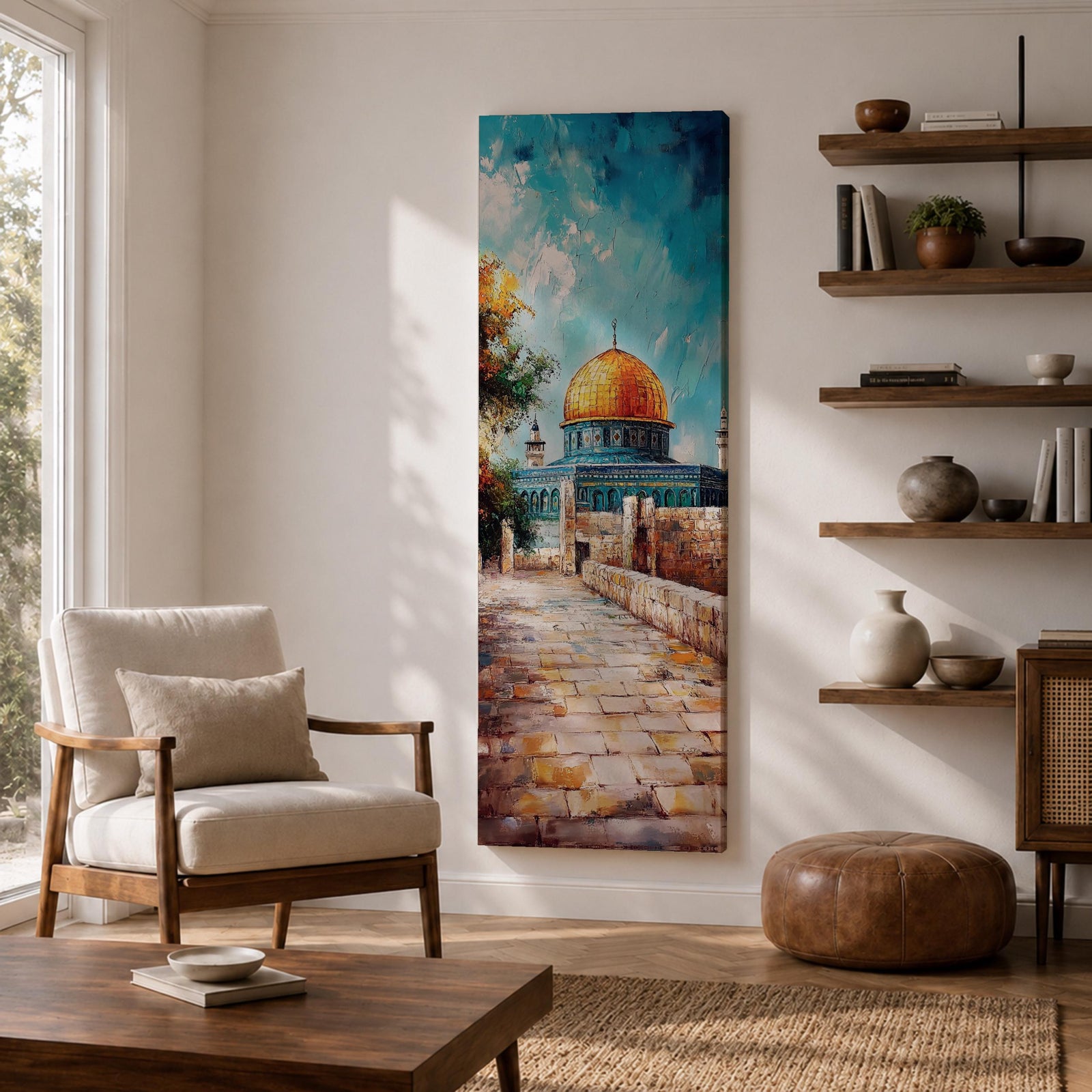 Tall vertical painting of the Dome of the Rock in Jerusalem featuring the iconic golden dome rising above stone pathways and historic walls. The mosque stands beneath a bright blue sky with textured oil brushstrokes capturing warm sunlight across the courtyard and architectural details.