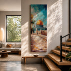 Tall vertical painting of the Dome of the Rock in Jerusalem featuring the iconic golden dome rising above stone pathways and historic walls. The mosque stands beneath a bright blue sky with textured oil brushstrokes capturing warm sunlight across the courtyard and architectural details.