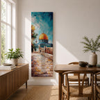 Tall vertical painting of the Dome of the Rock in Jerusalem featuring the iconic golden dome rising above stone pathways and historic walls. The mosque stands beneath a bright blue sky with textured oil brushstrokes capturing warm sunlight across the courtyard and architectural details.
