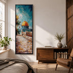 Tall vertical painting of the Dome of the Rock in Jerusalem featuring the iconic golden dome rising above stone pathways and historic walls. The mosque stands beneath a bright blue sky with textured oil brushstrokes capturing warm sunlight across the courtyard and architectural details.