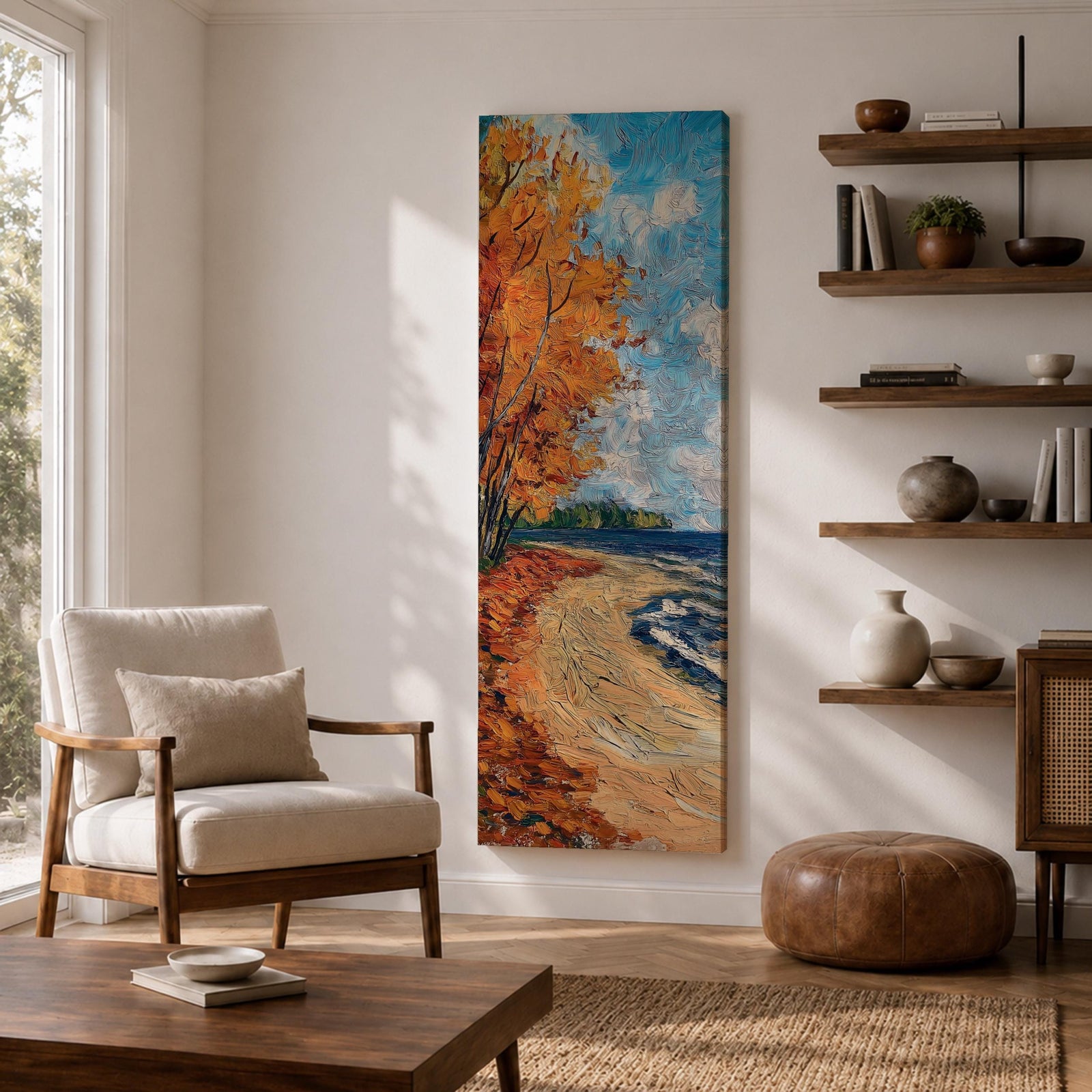 Tall vertical landscape painting of an autumn shoreline with golden orange trees lining a sandy beach beside deep blue water. Thick palette knife brushstrokes create textured waves, falling leaves, and swirling sky patterns while the curved shoreline leads toward a distant forest horizon.