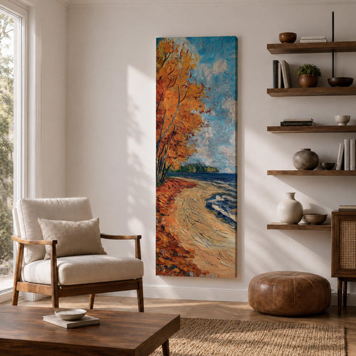 Tall vertical landscape painting of an autumn shoreline with golden orange trees lining a sandy beach beside deep blue water. Thick palette knife brushstrokes create textured waves, falling leaves, and swirling sky patterns while the curved shoreline leads toward a distant forest horizon.