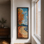 Tall vertical landscape painting of an autumn shoreline with golden orange trees lining a sandy beach beside deep blue water. Thick palette knife brushstrokes create textured waves, falling leaves, and swirling sky patterns while the curved shoreline leads toward a distant forest horizon.