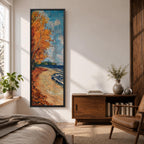 Tall vertical landscape painting of an autumn shoreline with golden orange trees lining a sandy beach beside deep blue water. Thick palette knife brushstrokes create textured waves, falling leaves, and swirling sky patterns while the curved shoreline leads toward a distant forest horizon.