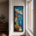Tall vertical painting of the Amalfi Coast featuring a seaside Italian village with a domed church tower overlooking blue Mediterranean waters. Sailboats glide across the harbor while colorful cliffside buildings and distant mountains create a bright coastal landscape in textured oil brushstrokes.