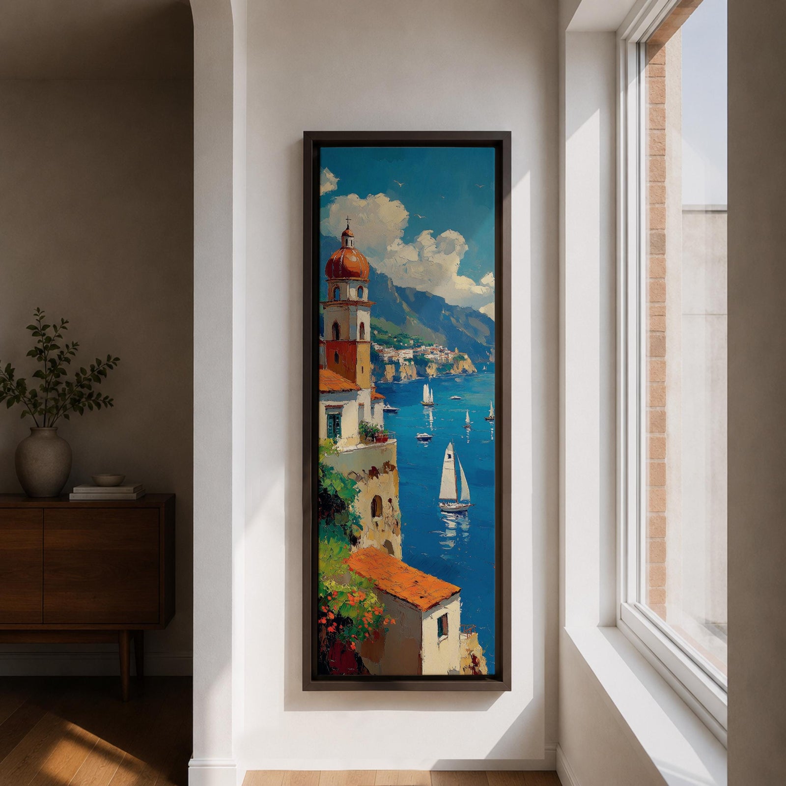 Tall vertical painting of the Amalfi Coast featuring a seaside Italian village with a domed church tower overlooking blue Mediterranean waters. Sailboats glide across the harbor while colorful cliffside buildings and distant mountains create a bright coastal landscape in textured oil brushstrokes.