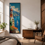 Tall vertical painting of the Amalfi Coast featuring a seaside Italian village with a domed church tower overlooking blue Mediterranean waters. Sailboats glide across the harbor while colorful cliffside buildings and distant mountains create a bright coastal landscape in textured oil brushstrokes.