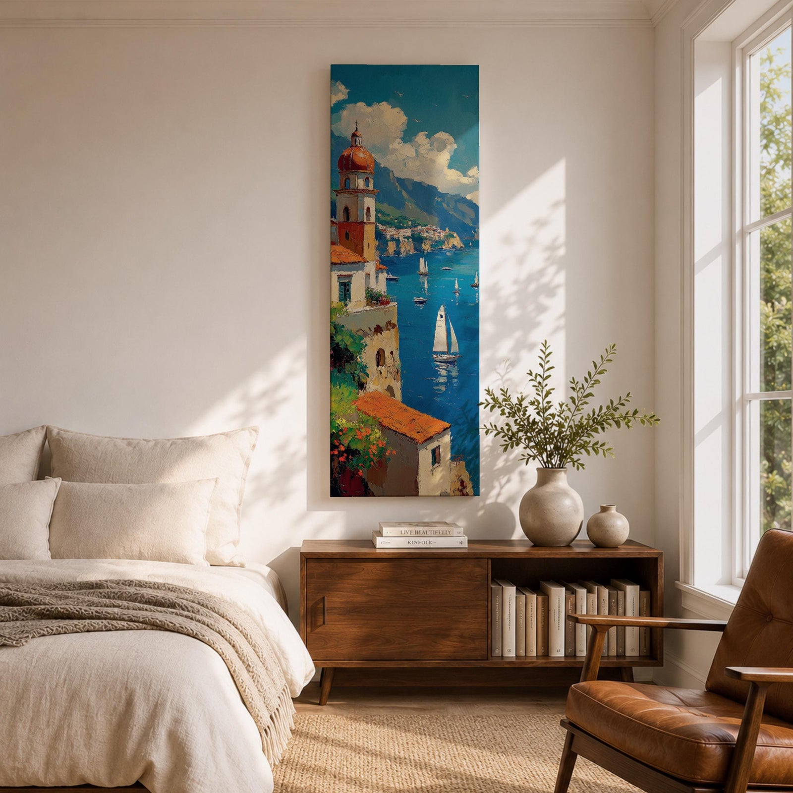 Tall vertical painting of the Amalfi Coast featuring a seaside Italian village with a domed church tower overlooking blue Mediterranean waters. Sailboats glide across the harbor while colorful cliffside buildings and distant mountains create a bright coastal landscape in textured oil brushstrokes.