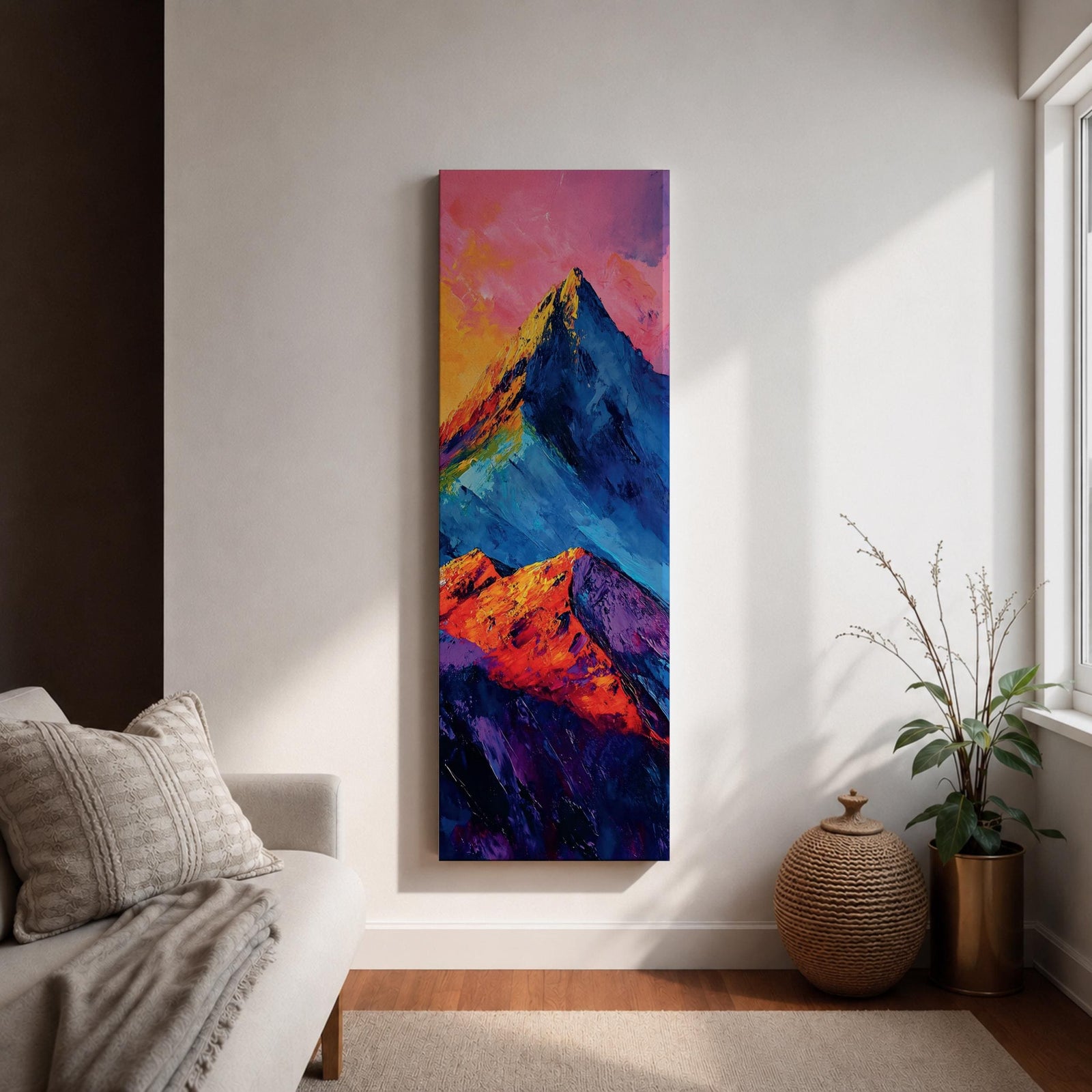 Tall vertical abstract mountain painting with bold colorful peaks in vibrant blue, red, purple, and yellow tones. Thick impasto brushstrokes create dramatic alpine ridges beneath a bright pink and orange sky, forming a modern expressive mountain landscape.