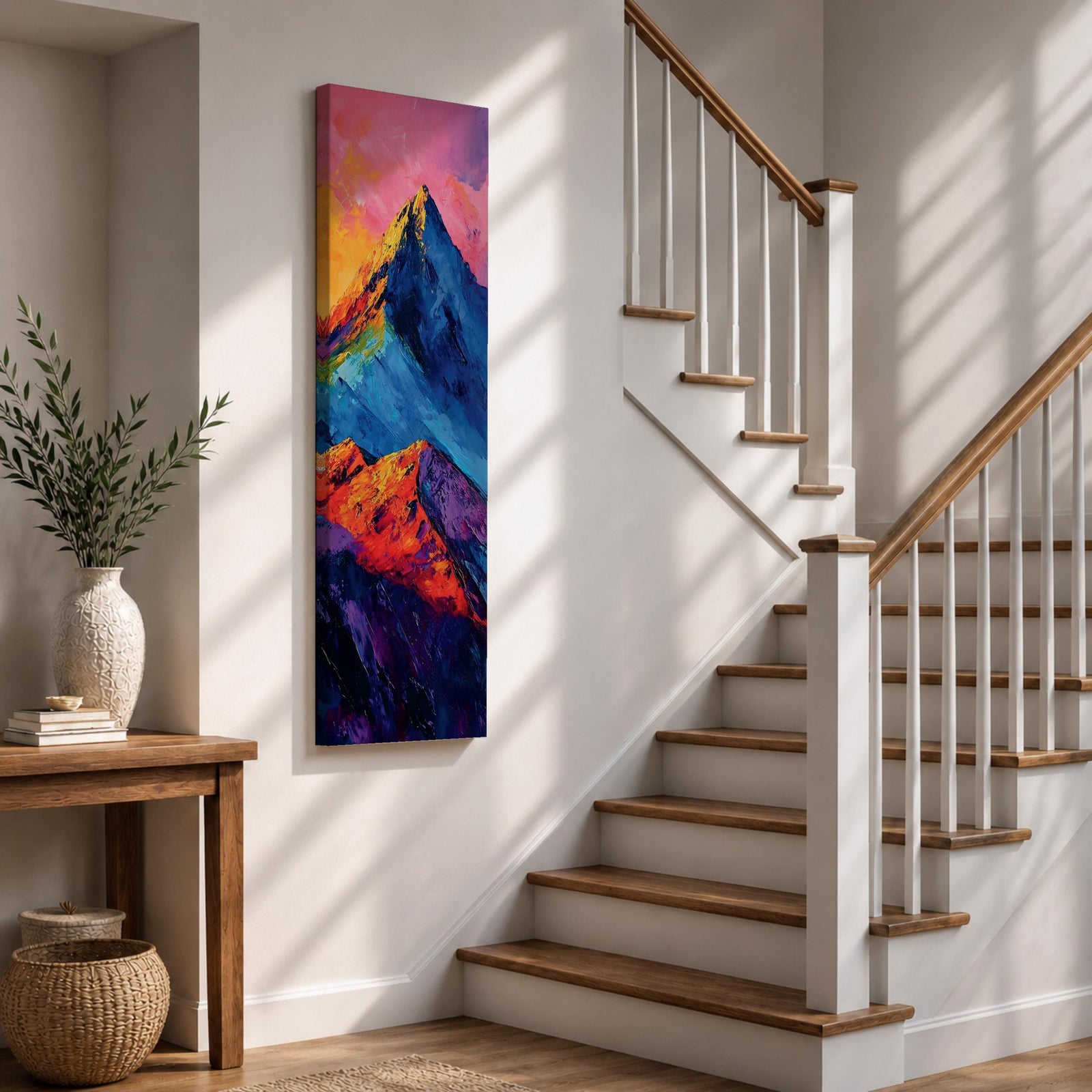 Tall vertical abstract mountain painting with bold colorful peaks in vibrant blue, red, purple, and yellow tones. Thick impasto brushstrokes create dramatic alpine ridges beneath a bright pink and orange sky, forming a modern expressive mountain landscape.