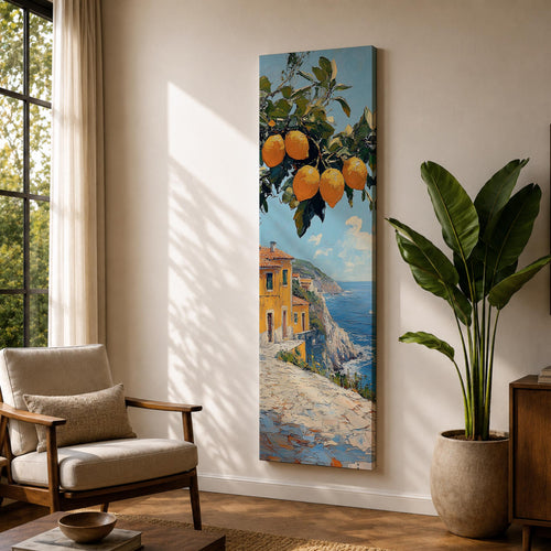 Tall vertical Mediterranean coastal painting showing bright yellow lemons hanging from a leafy branch above an Amalfi seaside village. Colorful Italian buildings sit along a cliffside path overlooking deep blue ocean waters beneath a sunny sky.