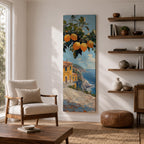 Tall vertical Mediterranean coastal painting showing bright yellow lemons hanging from a leafy branch above an Amalfi seaside village. Colorful Italian buildings sit along a cliffside path overlooking deep blue ocean waters beneath a sunny sky.