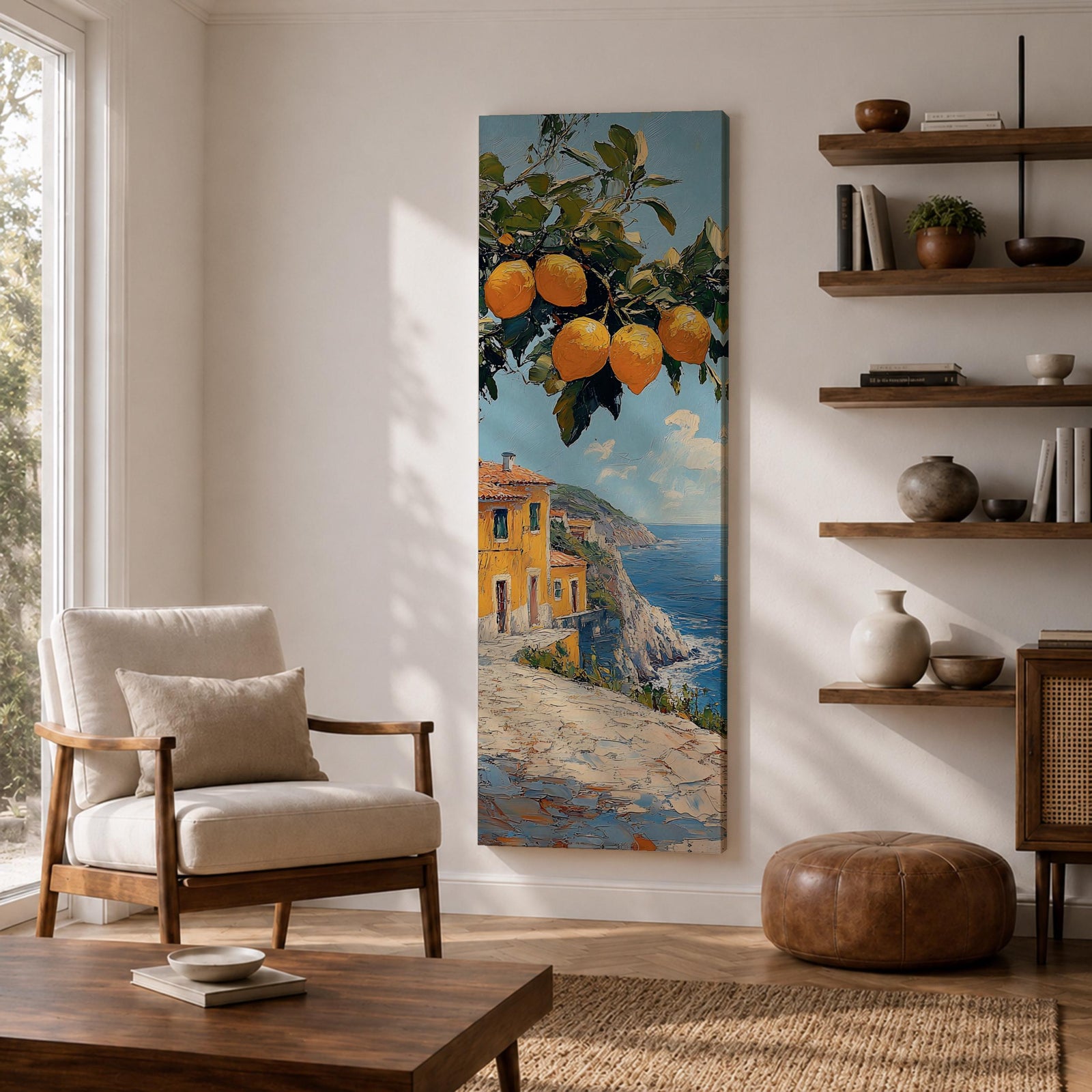 Tall vertical Mediterranean coastal painting showing bright yellow lemons hanging from a leafy branch above an Amalfi seaside village. Colorful Italian buildings sit along a cliffside path overlooking deep blue ocean waters beneath a sunny sky.