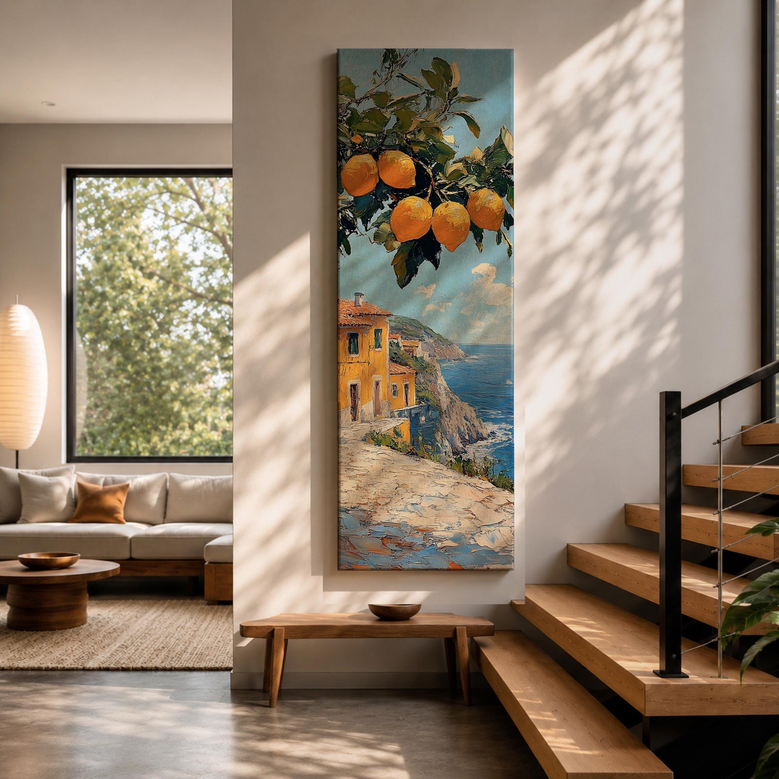 Tall vertical Mediterranean coastal painting showing bright yellow lemons hanging from a leafy branch above an Amalfi seaside village. Colorful Italian buildings sit along a cliffside path overlooking deep blue ocean waters beneath a sunny sky.
