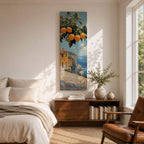Tall vertical Mediterranean coastal painting showing bright yellow lemons hanging from a leafy branch above an Amalfi seaside village. Colorful Italian buildings sit along a cliffside path overlooking deep blue ocean waters beneath a sunny sky.