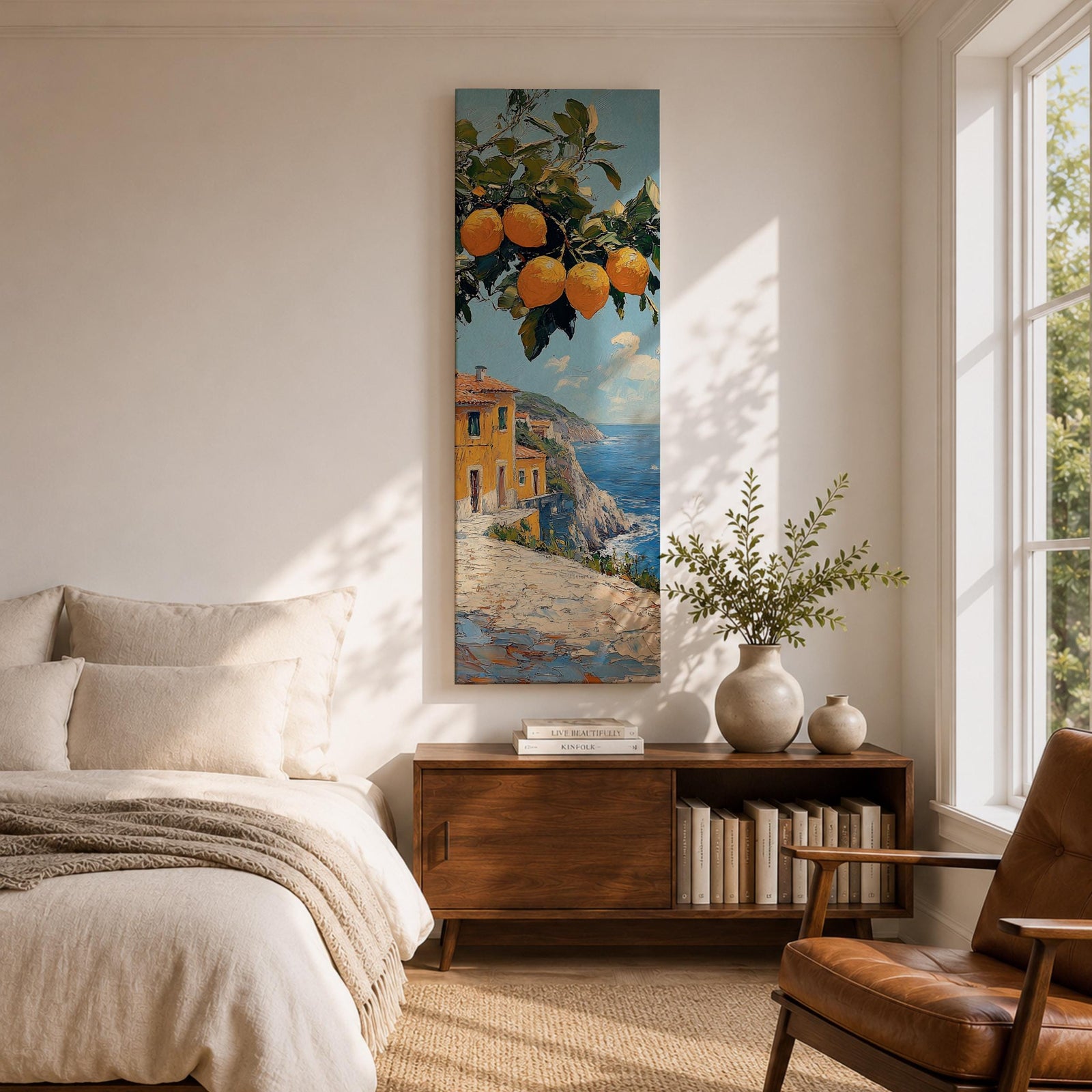 Tall vertical Mediterranean coastal painting showing bright yellow lemons hanging from a leafy branch above an Amalfi seaside village. Colorful Italian buildings sit along a cliffside path overlooking deep blue ocean waters beneath a sunny sky.