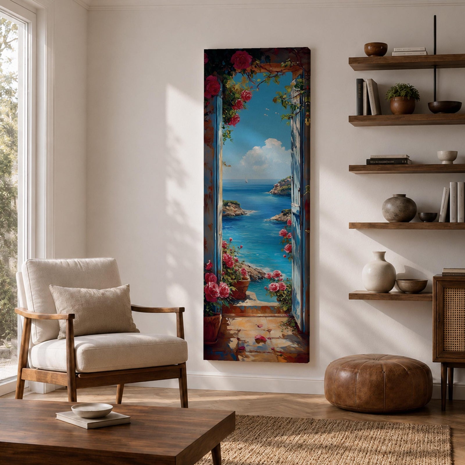 Tall vertical coastal painting showing an Italian ocean view framed by an open doorway with pink flowers and potted plants. The bright Mediterranean sea stretches toward rocky cliffs and a distant sailboat beneath a clear blue sky.