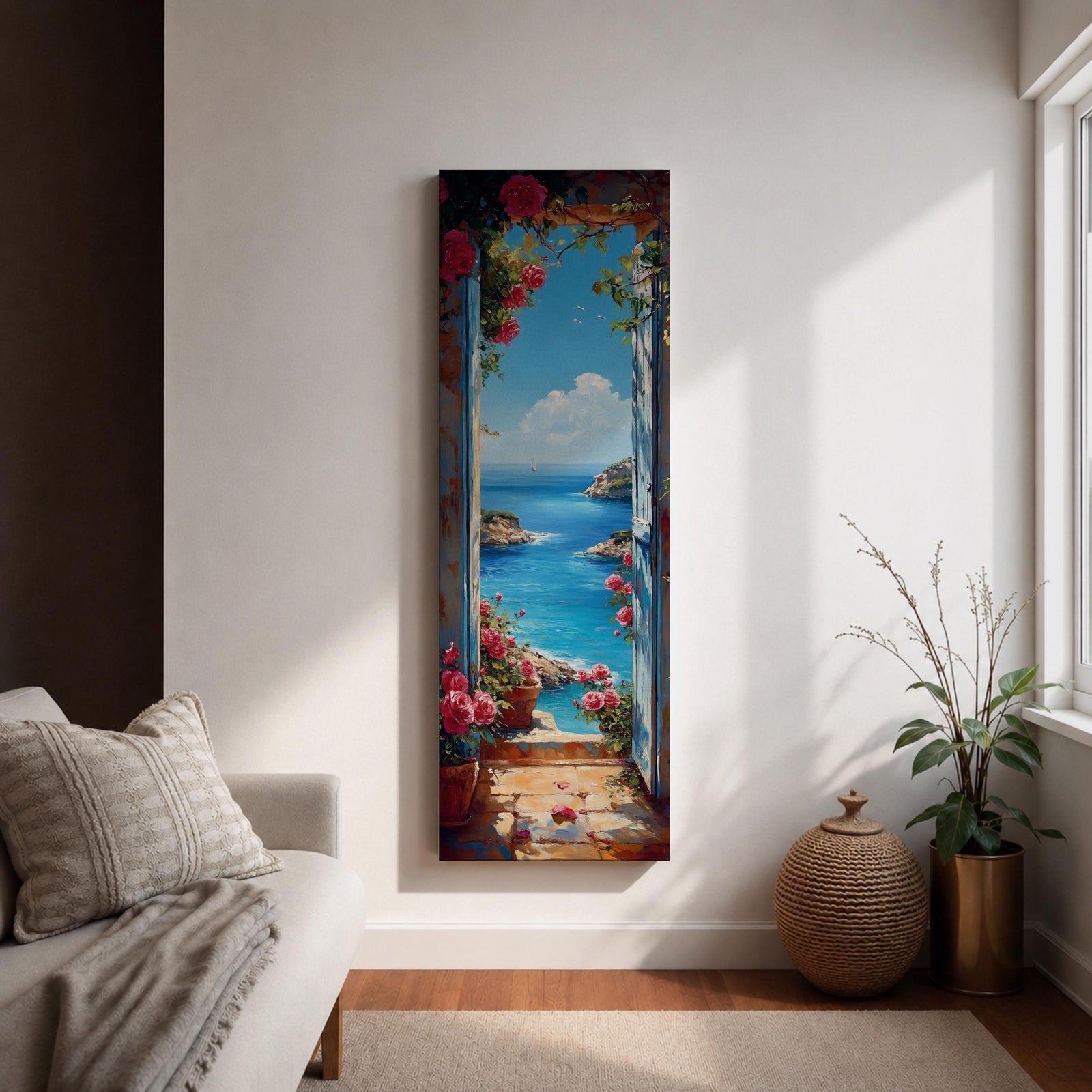 Tall vertical coastal painting showing an Italian ocean view framed by an open doorway with pink flowers and potted plants. The bright Mediterranean sea stretches toward rocky cliffs and a distant sailboat beneath a clear blue sky.