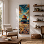 Tall vertical painting of the Dome of the Rock in Jerusalem with the golden dome rising above the historic stone courtyard of the Al Aqsa mosque complex. The scene features textured oil brushstrokes and a dramatic sky in blue and gold tones.