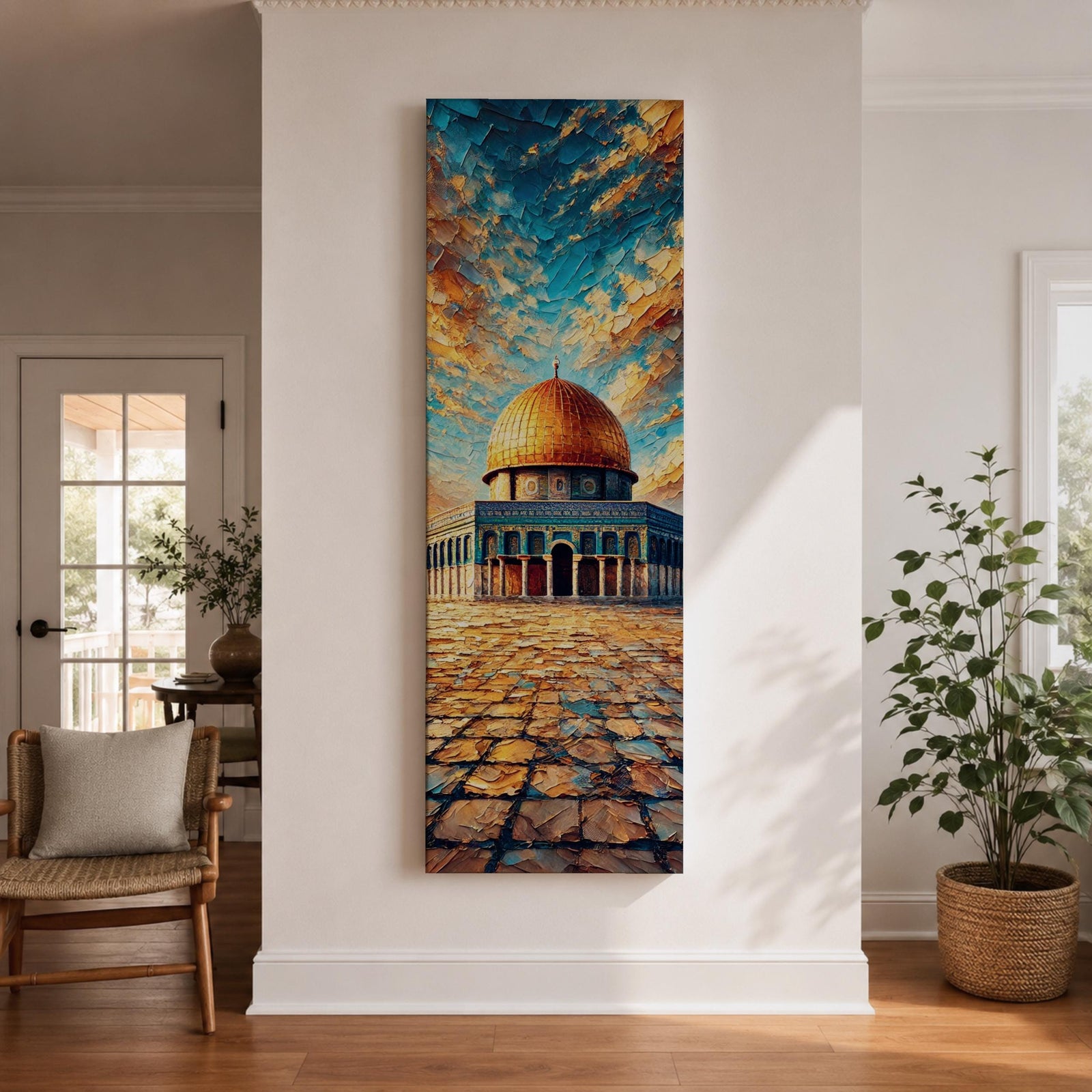 Tall vertical painting of the Dome of the Rock in Jerusalem with the golden dome rising above the historic stone courtyard of the Al Aqsa mosque complex. The scene features textured oil brushstrokes and a dramatic sky in blue and gold tones.
