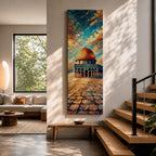Tall vertical painting of the Dome of the Rock in Jerusalem with the golden dome rising above the historic stone courtyard of the Al Aqsa mosque complex. The scene features textured oil brushstrokes and a dramatic sky in blue and gold tones.